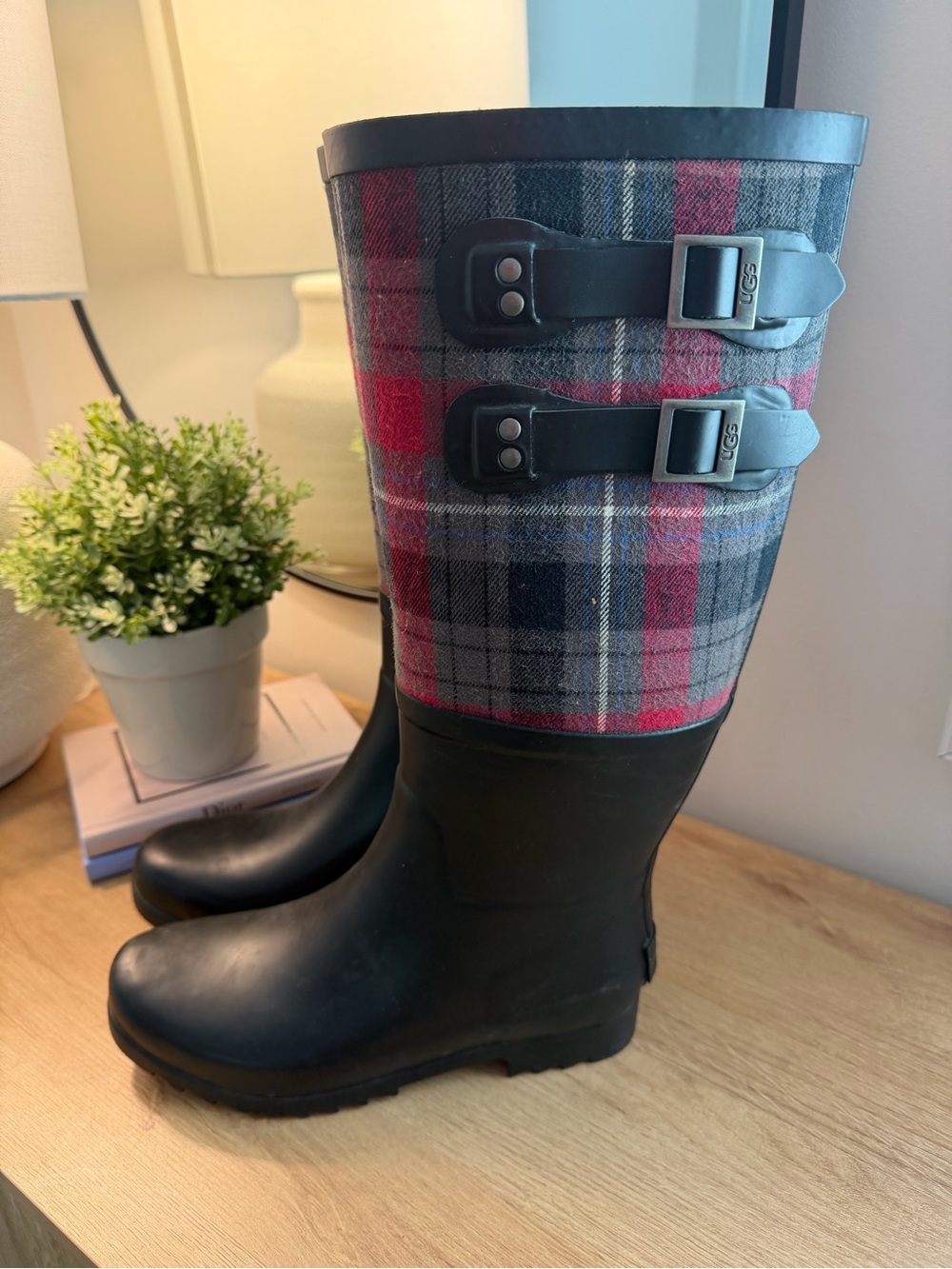UGG Plaid Tall Rain Boots with Buckle Accent